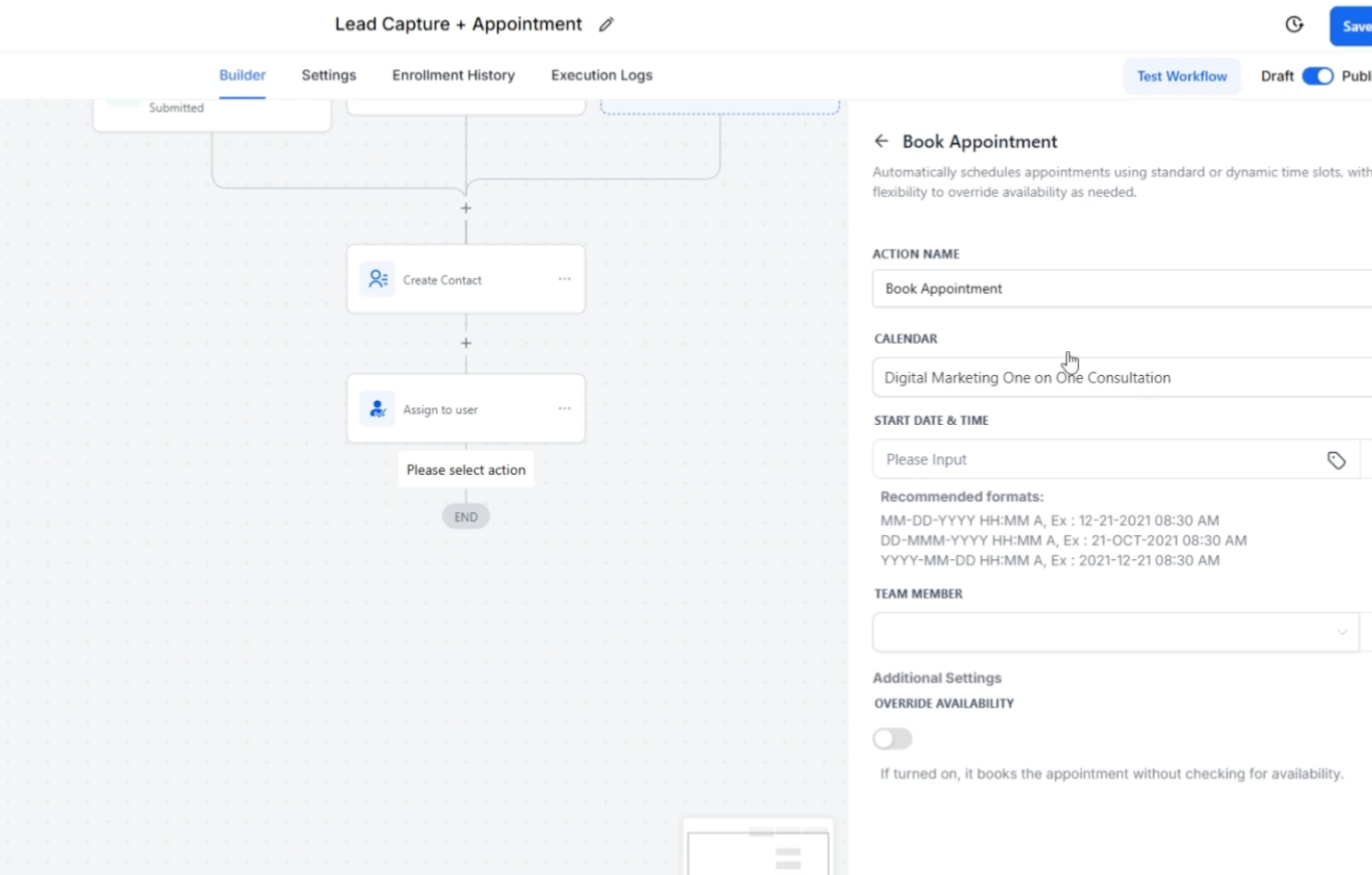 GoHighLevel workflow builder from the Mastery Course